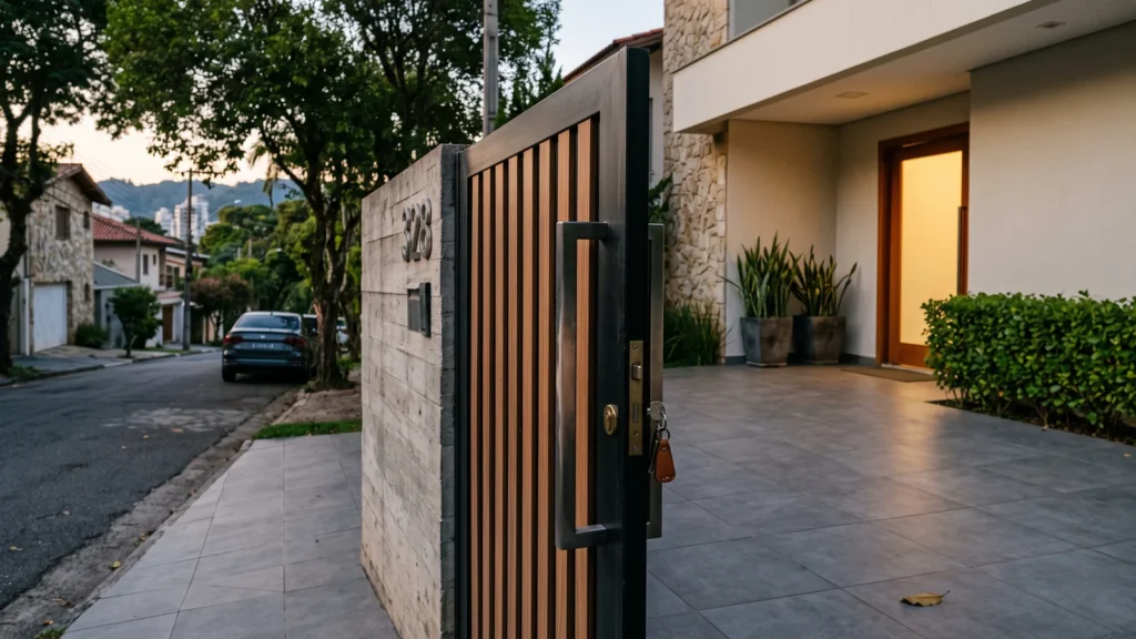 Portão de entrada de casa residencial ao anoitecer, com o molho de chaves deixado na fechadura