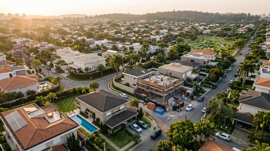 Vista aérea de bairro residencial ao fim da tarde, com uma ampliação em obra no meio da quadra