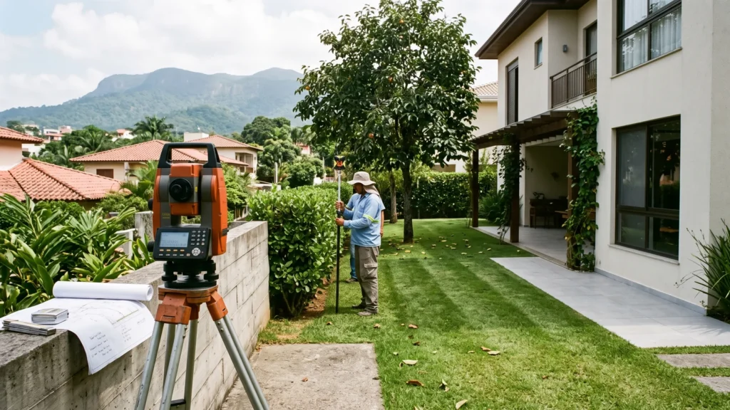 Estação total montada para levantamento topográfico no jardim de uma casa, com a serra ao fundo